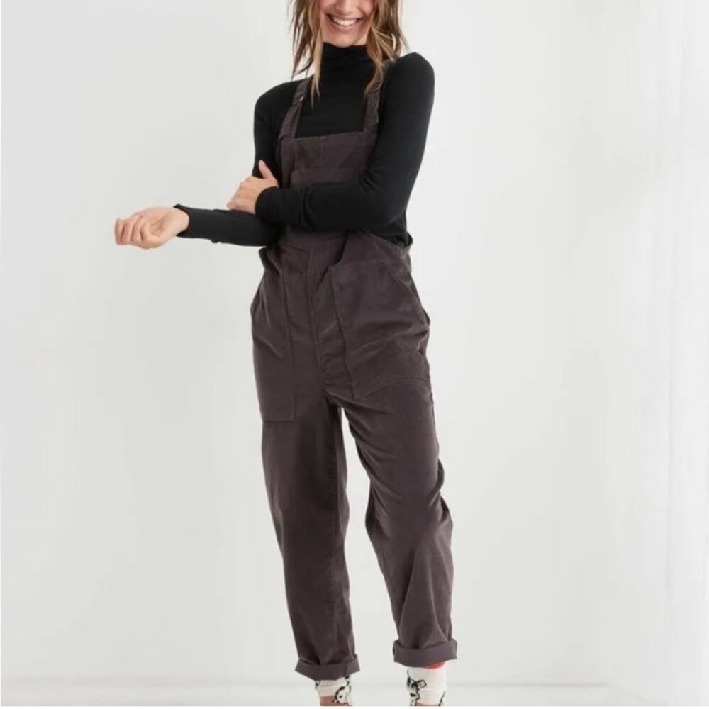 Aerie Velvet Charcoal Gray Cropped Overalls Jumpsuit XS